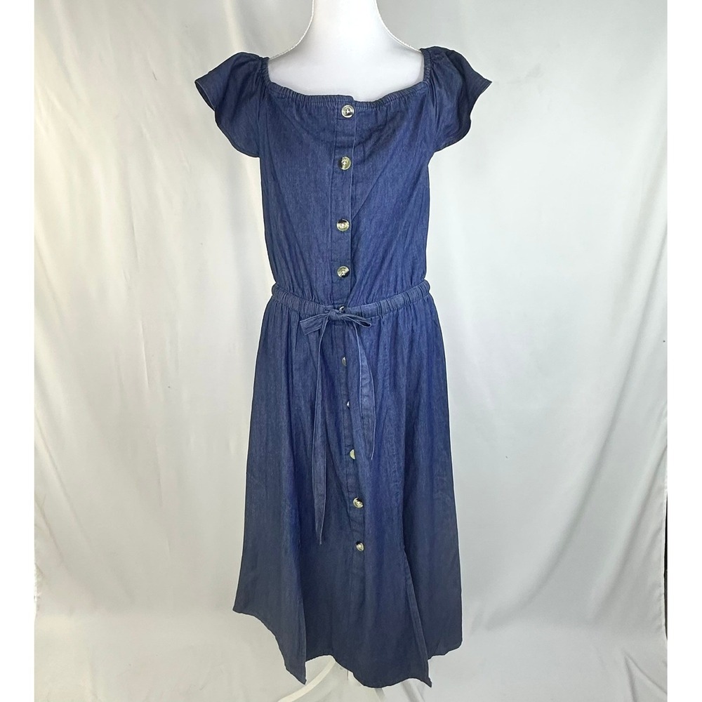 Millenium Womens L Denim Dress Blue Off Shoulder Button Front Tie Waist Prairie